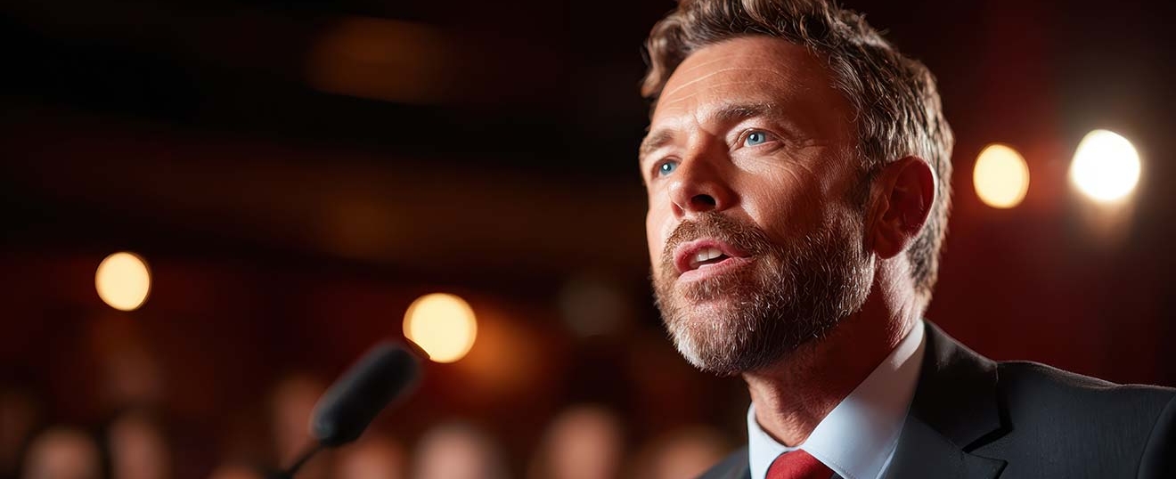 Coach prise de parole en public : dirigeant s’exprimant au micro avec impact devant son audience