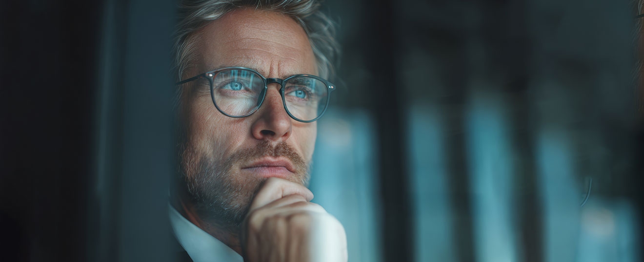 Dirigeant en posture de réflexion incarnant un leadership humain face aux enjeux de transformation des entreprises