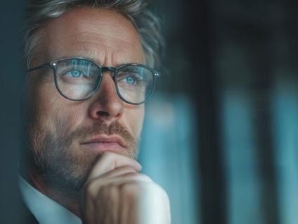 Dirigeant en posture de réflexion incarnant un leadership humain face aux enjeux de transformation des entreprises