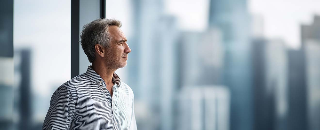 Dirigeant de PME en posture de réflexion illustrant la solitude du dirigeant et le besoin d'accompagnement coaching