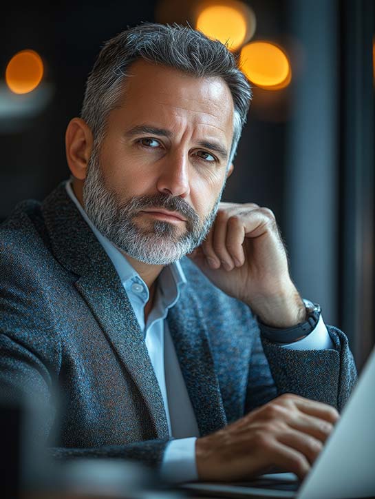 Coach de dirigeant en réflexion stratégique dans un cadre professionnel