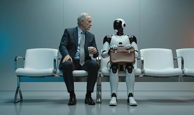Rencontre entre leader humain et IA dans un contexte professionnel Un dirigeant assis avec un robot humanoïde dans une salle d’attente, illustrant le lien entre IA et leadership humain