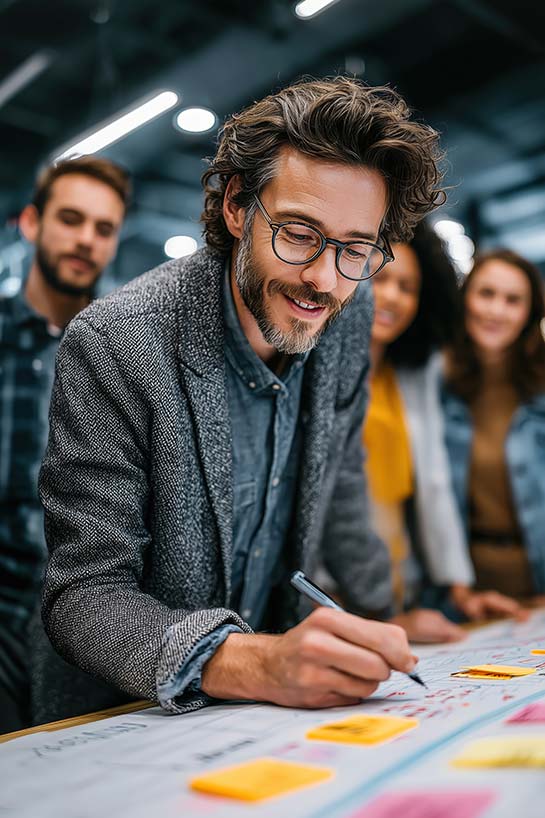 Dirigeant animant un travail collectif favorisant l’intelligence collective dans un accompagnement en coaching d’organisation