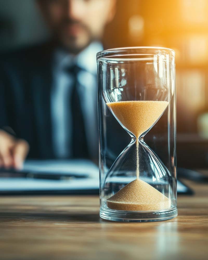 Sablier sur le bureau d’un dirigeant, symbolisant le temps de préparation de la transmission d’entreprise familiale